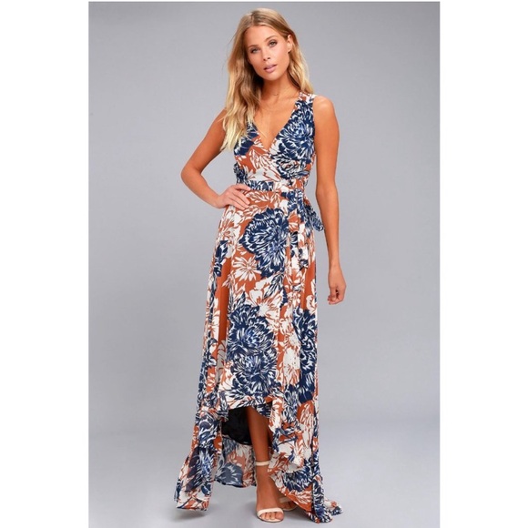 Lulu's Women's High Low Wrap Dress Desert
Trip Rust Orange Floral Print XL - Picture 2 of 13